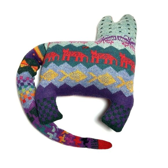 Pair of Vintage 1986 Handloomed Stuffed Cat Shaped Wool Pillows New Excellent - Picture 6 of 15